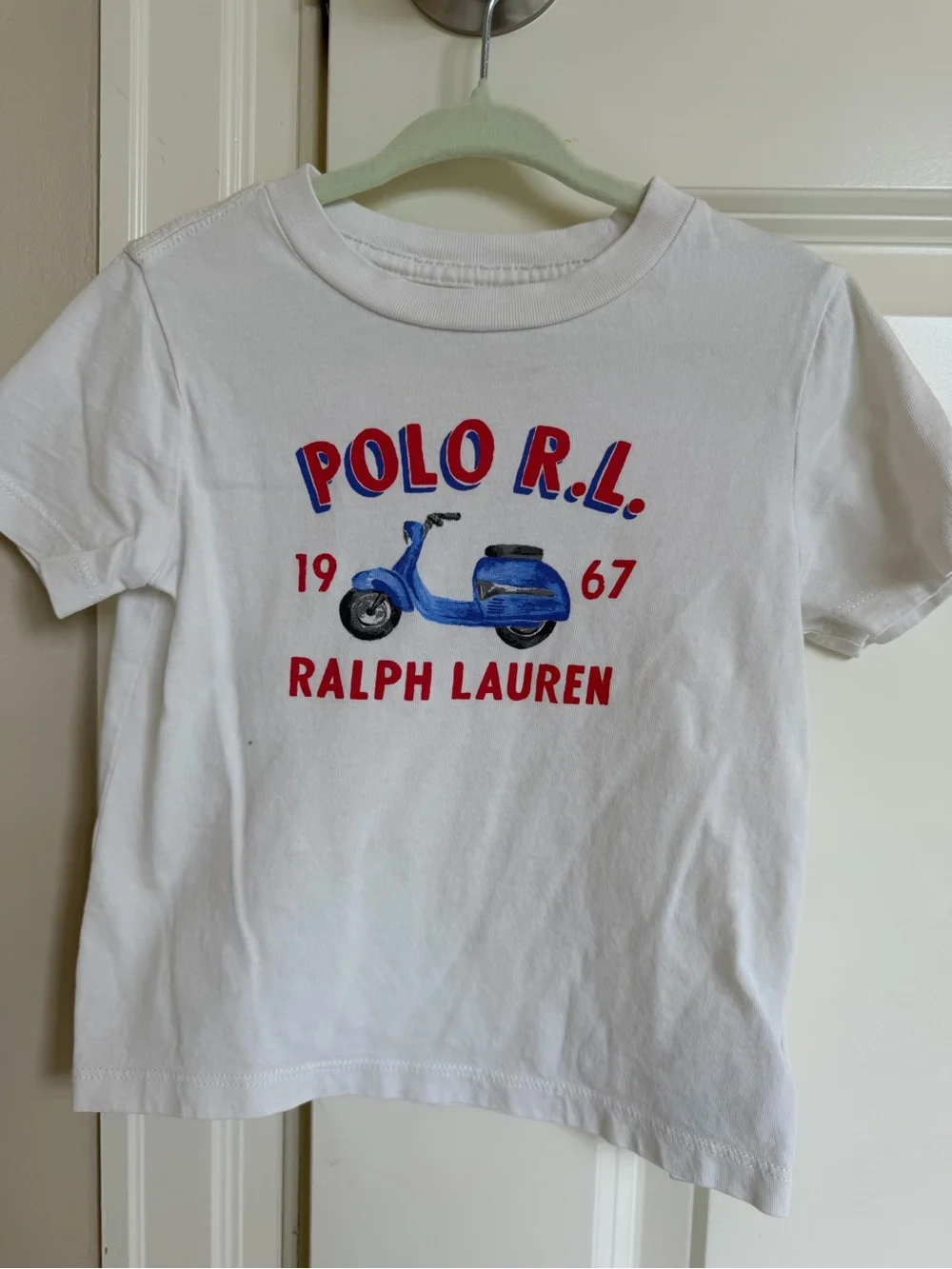 Ralph Lauren White Tee with Blue Scooter & Red Logo